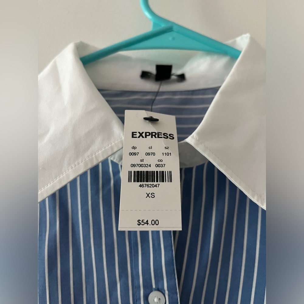 Express Blue and White Striped Contrast Collar Shirt